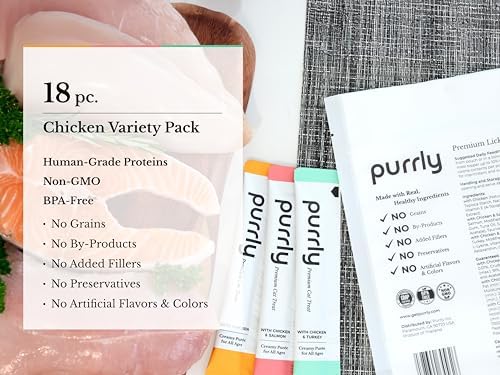 Purrly Lickable Wet Cat Treats Healthy Grain-Free Chicken Variety Pack (18 Count) Squeezable Creamy Purée with Human-Grade Protein Functional Nutrients Non-GMO No-Artificial-Additives Low-Phosphorus