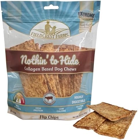 Fieldcrest Farms Nothin to Hide Flip Chips Dog Chews - Natural Rawhide Alternative Treats for Dogs, Collagen Based Snack for Moderate Chewers Up to 35lbs, Beef Flavor