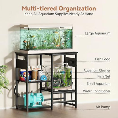 GRLEAF 5-10 Gallon Fish Tank Stand with Power Outlets, 4 Tier Metal Aquarium Stand with Wood Storage Shelves, 20.3" L x 10.6" W x 30.3" H Turtle Reptile Fish Tank Table Aquarium Table - Black