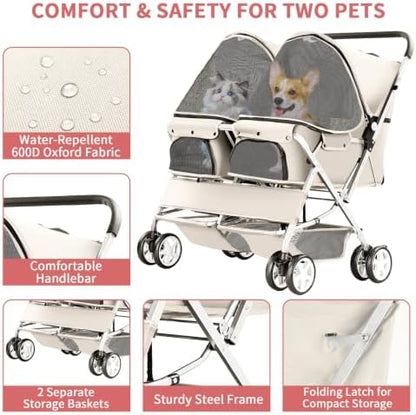 Double Pet Stroller for 2 Dogs & Cats, Side-by-Side, Gray