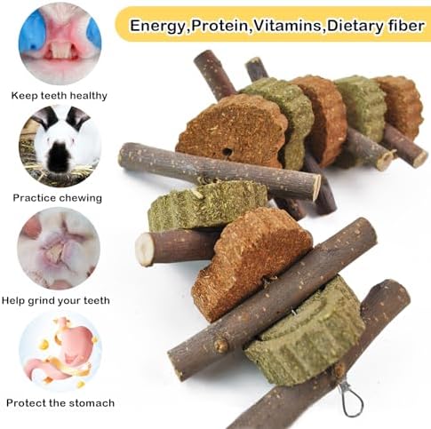 Rabbit Chew Toy,Bunny Chew Toys for Teeth Grinding,Natural Apple Branch Teething Sticks with Hay Grass Cake Improve Dental Health Bunny Hanging Chew Toys for Rabbits,Chinchillas,Hamster (4 Pcs)