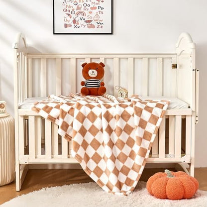 Yurhap Checkered Baby Blanket Fleece Baby Blankets Neutral for Boys Girls, Super Soft Warm Lightweight Infant Toddler Newborn Receiving Blankets for Crib Stroller, 30''x40'', Khaki