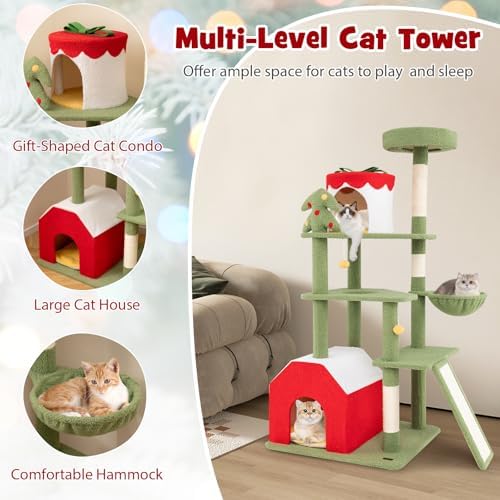 PETSITE 61 inch Cat Christmas Tree, Multi-Level Cat Tower with Sisal Scratching Posts, 2 Cat Condos, Basket Bed, Sisal Covered Ladder, Cute Cat Tree for Indoor Cats