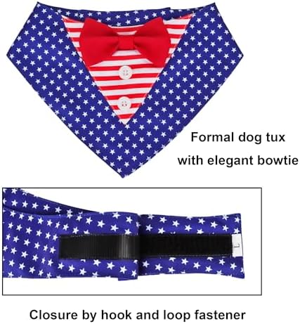 ADOGGYGO American Flag Dog Tuxedo Bandana, Red Blue Pet Tux with Bowtie Adjustable 4th of Julty Bandana Costume for Large Dogs Pets (L)