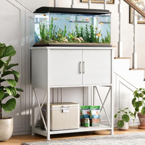 Herture 20-29 Gallon Aquarium Stand Metal Frame Fish Tank Stand with Cabinet Storage, for 20 Gallon Long Aquarium,30.7" L*16.5" W Tabletop,330LBS Capacity White PG01YGW
