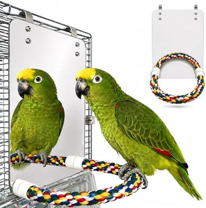 Stainless Steel Bird Cage Mirror, Parakeet Mirror with Rope Perch, 10.6 in