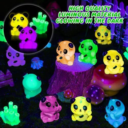 18PCS Luminous Mini Resin Panda Figurines with 2 Bamboos for Dollhouse