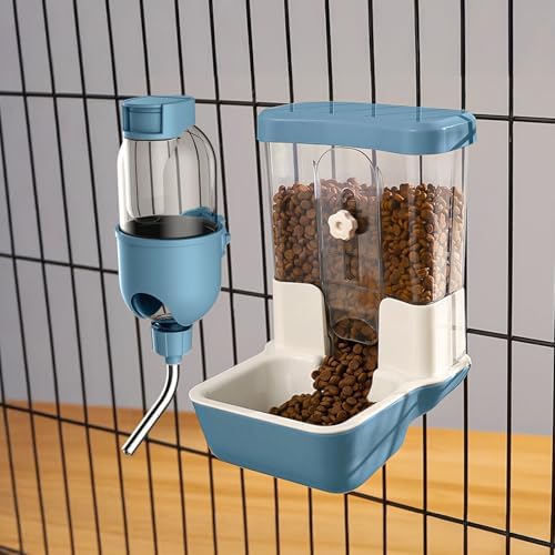 Automatic Pet Food Water Dispenser, Auto Gravity Pet Feeder Water Bottle Set for Crate Cage, Feeding Station for Small Dog Cat Rabbit Guinea Pigs Chinchilla Ferret Hedgehog (Blue)