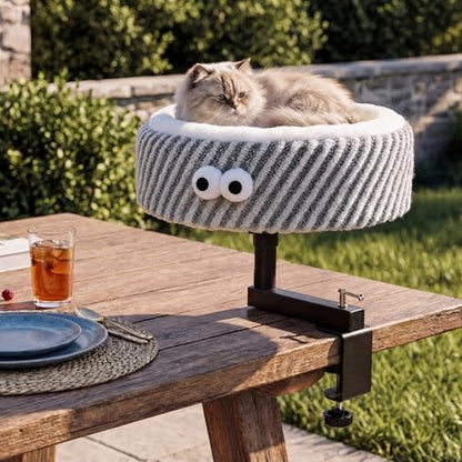 Cat Desk Bed, 2-in-1 Clamp On Desk Mount Perch & Nest, 360° Rotating Adjustable, 60 LBS Safe Weight Capacity, Washable Cushion for Small & Large Cats, Home Office Desk Hammock (Gray)