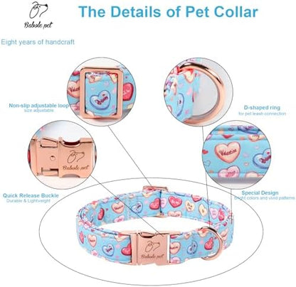 Valentines Dog Collar for Small Dogs - Cute Blue Heart Pattern Puppy Collar Sweet Valentine Adjustable Heavy Duty Pet Collar with Metal Buckle S