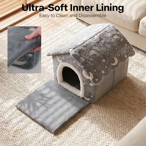 PAWISE Glow in the Dark Cat Bed, Foldable Cat Cave House Tent for Indoor Cats with Stars Moon Print, Soft Warm Washable Kitty Hideaway Nest, Cozy Pet Hut (15.7"x14.5"x13.5")