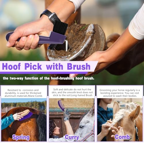 Abbylike 12 Pieces Horse Grooming Kit Equine Care Brushes, Gray and Purple
