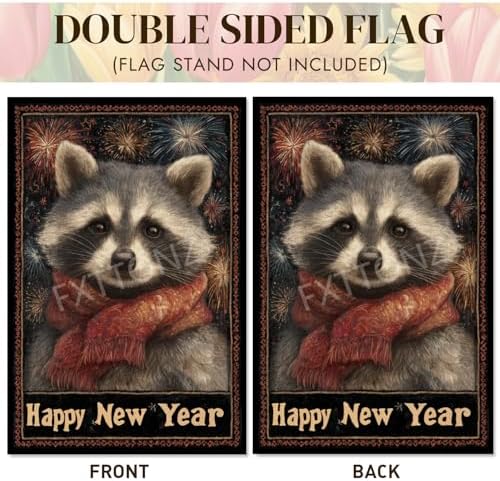 Happy New Year Garden Flag 12x18 Double Sided Vertical Linen Small Fireworks Raccoon House Flag Welcome Holiday Winter House Outdoor Outside Decorations (27168)