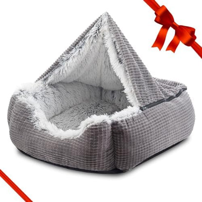 MIXJOY Dog Beds for Medium Large Small Dogs, Rectangle Cave Hooded Blanket Puppy Bed, Luxury Orthopedic Cat Beds for Indoor Cats, Warmth and Machine Washable (25 inches, Grey)