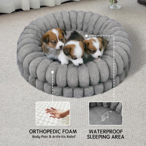 BALANCE Luxury Donut Dog Bed, 24 Inches Round Dog Beds for Small Dogs Washable, Orthopedic Calming Pet Bed for Puppy and Cats with Anti-Slip Bottom (Gray)
