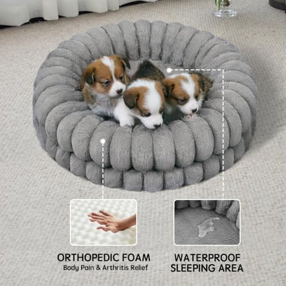 BALANCE Luxury Donut Dog Bed, 24 Inches Round Dog Beds for Small Dogs Washable, Orthopedic Calming Pet Bed for Puppy and Cats with Anti-Slip Bottom (Gray)