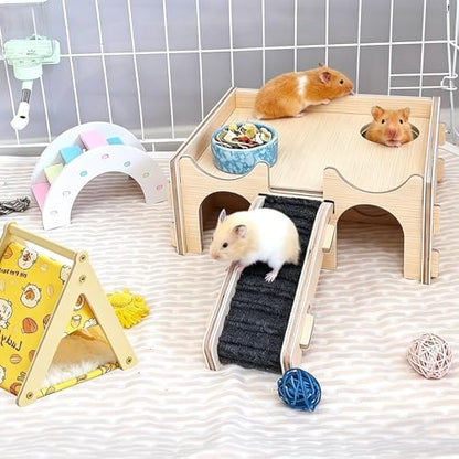 Wooden Hamster Hideout House,Multi-Chamber Syrian Hamster Hide Hut with Ladder Platform Bowls,Gerbil Explore Hiding Maze House Habitats Decor Accessories for Rat,Dwarf, Mice,Mouse