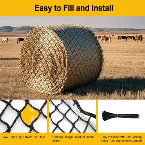 6x6ft Round Bale Hay Net for Horses, Heavy Duty Slow Feed Hay Net with 1.6" Mesh, Black Nylon Hay Feeder for Horses, Cattle, Goats, Includes Free Repair Kit, Reduce Waste