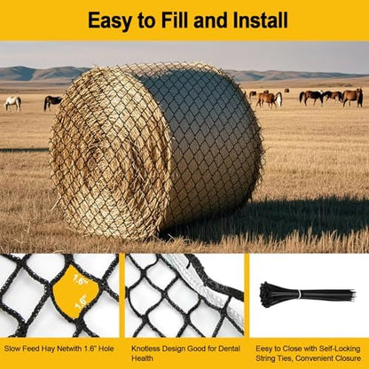 6x6ft Round Bale Hay Net for Horses, Heavy Duty Slow Feed Hay Net with 1.6" Mesh, Black Nylon Hay Feeder for Horses, Cattle, Goats, Includes Free Repair Kit, Reduce Waste