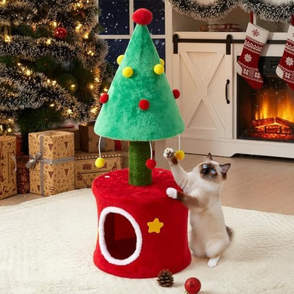 32" Cat Tree Tower for Indoor Cats, Small Cat Tree with Sisal Scratching Posts, Plush Cat Bed, and Climbing Tower for Kittens and Adult Cats, Green & Red