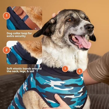 Suitical - The Original Dog Surgery Recovery Suit - Replace E-Collar & Cone - Spay, Neuter, Wounds, Prevent Licking - 2XL - Neck to Tail 31.5-36.2in - Chest 36-46in - Weight 80-120lbs, Blue Camouflage