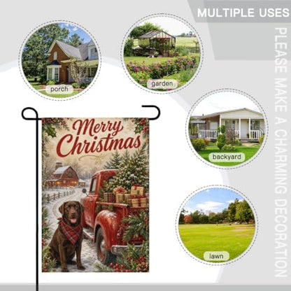 Christmas Labrador House Flag 28x40 Inch Merry Holiday Chocolate Dog Red Truck Tree Gifts Snowy Barn Rustic Farmhouse Outdoor Yard Lawn Porch Double Sided Banner Welcome Decor