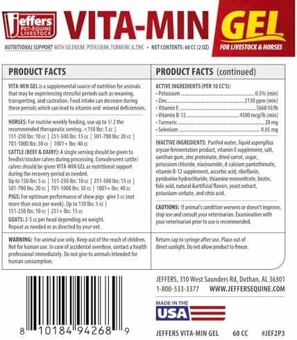 Jeffers Vita-Min Gel for Livestock & Horses – Multivitamin & Mineral Supplement with Selenium, Zinc, Potassium & Turmeric – Easy Oral Gel for Cattle, Goats, Sheep & Pig – 60 CC (2 OZ) Tube