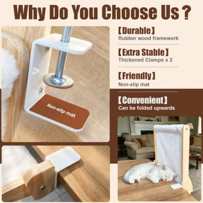 Cat Desk Bed Foldable Wood Cat Bed for Desk with 2 Hammocks and 2 Clamps