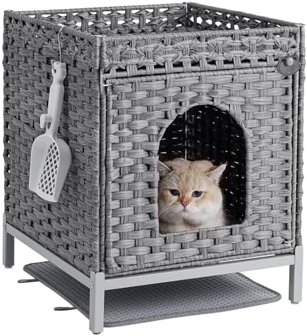 SETVSON Cat Litter Box Enclosure, Hidden Rattan PE Furniture, Gray