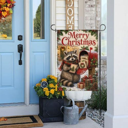 Christmas Raccoon Garden Flag 12x18 Inch Merry Holiday Mailbox Cards Scarf Gifts Snowy Rustic Farmhouse Outdoor Yard Lawn Porch Double Sided Banner Winter Welcome Decor