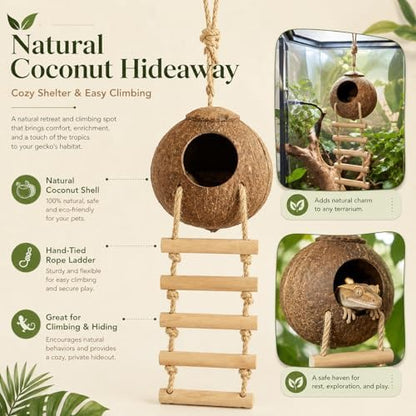RUNANIA Crested Gecko Tank Accessories，Reptile Vines Plants with Coconut Shell Ladder Hideout Hermit Crab Decor for Leopard Gecko Lizard Chameleon Tortoise Snake Terrarium Decor