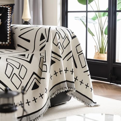 AMWAN Beige Couch Cover with Black Boho Geometric Pattern Universal Chenille Couch Cover Soft Durable Sofa-Bed Chenille Slipcover for Dogs Cats with Tassel 71"x150"