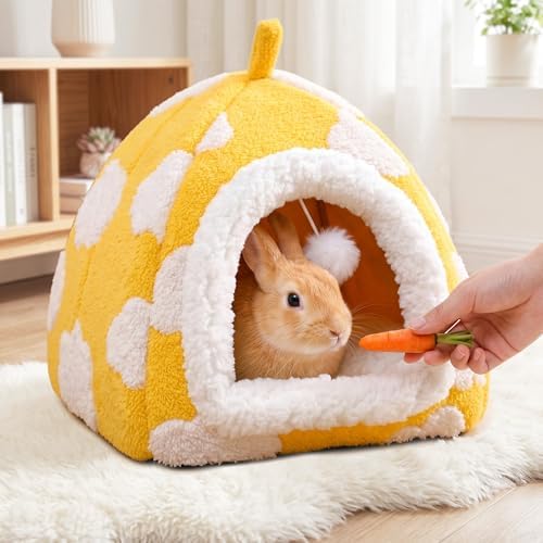 Guinea Pig Hideout Cave Cute Yellow Cloud Warm Fleece Bed for Small Animals Enclosed Bunny Tent Hut with Hanging Toy Washable Pet House for Dwarf Rabbit Chinchilla Ferret (Yellow)