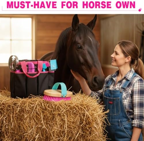 Abbylike 12 Piece Horse Grooming Kit with Organizer Tote Bag Brush Sets for Derby Day Show Horses Professional Tools for Care & Massage(Rose Red)