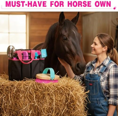 Abbylike 12 Piece Horse Grooming Kit with Organizer Tote Bag Brush Sets for Derby Day Show Horses Professional Tools for Care & Massage(Rose Red)