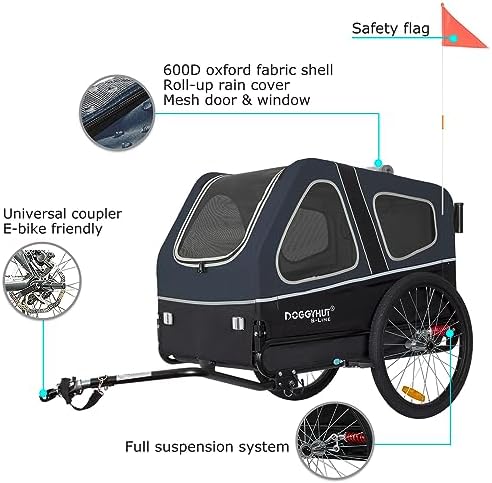 DOGGYHUT® S-Line XL Pet Bike Trailer & Stroller for Large Dogs Up to 100 lbs, Folding Dog Cart with Shock-Absorbing Suspension Wheels, Low Center of Gravity, Parking Brakes