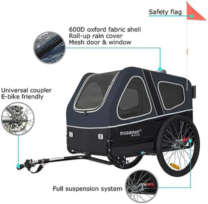 DOGGYHUT® S-Line XL Pet Bike Trailer & Stroller for Large Dogs Up to 100 lbs, Folding Dog Cart with Shock-Absorbing Suspension Wheels, Low Center of Gravity, Parking Brakes