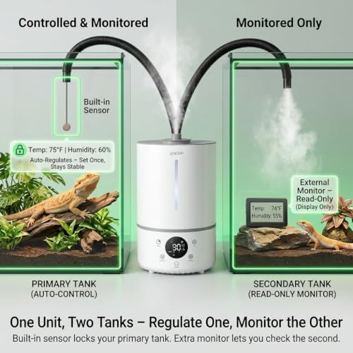 Reptile Humidifier and Fogger, 4L Plant Mister with Dual Probes and Tubes for Two Terrariums, Constant Humidity Setting, 48H Runtime