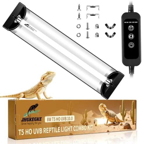 T5 10.0 UVB Reptile Light Fixture Combo Kit with Upgraded Timer Controller, 5 Timing 6H/8H/10H/12H/24H Auto Cycle, 8W High Output UVA UVB Light for Desert Bearded Dragon, Lizard, Turtle (12.5Inch)