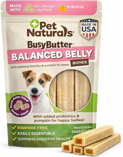 Pet Naturals BusyButter Balanced Belly Peanut Butter Bones, Rawhide-Free Chews for Small Dogs, Long Lasting Chew Bones, Probiotics and Pumpkin for Gut Health, 22 Count