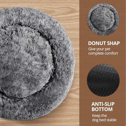 JOLLYVOGUE Calming Dog Bed Medium Size Dog, 31in Donut Washable Medium Pet Bed, Anti-Slip & Anti-Anxiety Fluffy Faux Fur Round Dogs Bed, Fits up to 45 lbs Pets (Smoke Black)