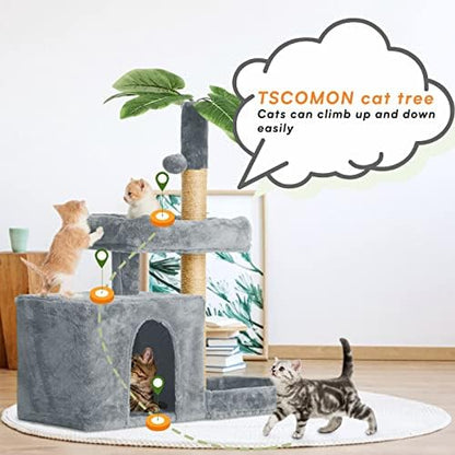 31.5inch Small Cat Tree Tower Condo for Indoor Cats, Soft Plush Multi-Level Climbing Tree Cat House with Cat Cave, Scratching Post, Sisal Rope, Grey