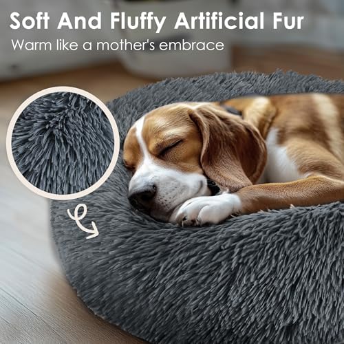 Dogs Bed for Small Dogs, Anti-Anxiety Washable Round Bed (24in Dark Grey)