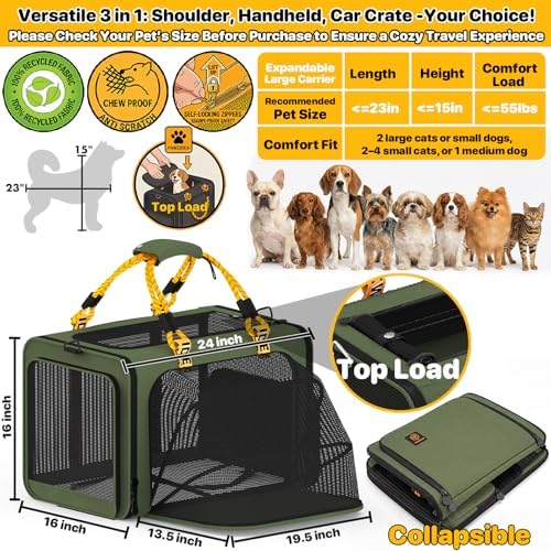 PAWZIDEA Expandable Large Pet Carrier, Soft-Sided 2–4 Cats Carrier Up 55lbs