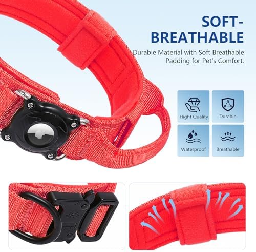 Smart Waterproof AirTag Dog Collar with QR Code ID Tag, Anti-Lost Tactical Dog Collar with Built-in AirTag Holder, Metal Buckle & Control Handle, GPS Tracker Collar for Medium to Large Dogs (Red, L)