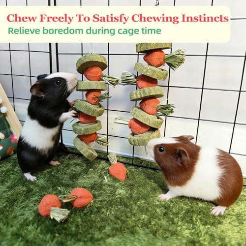 Bunny Chew Toys Guinea Pig Chew Toys for Teeth Grinding Rabbit Treats Natural Timothy Grass Cake Strawberries for Guinea Pigs Chinchillas Bunny Hamster (2 Pcs)
