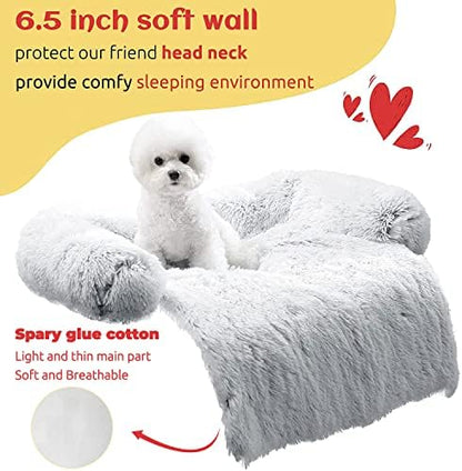 HACHIKITTY Calming Pet Sofa Bed Mat, Washable Fluffy Couch Cover for Dogs and Cats, Anti-Slip Bottom (40"x 38"x 6", Gray)
