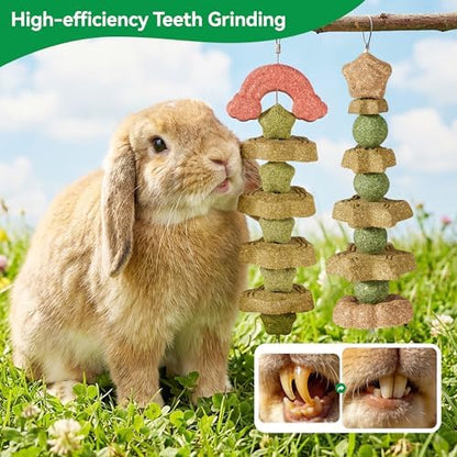 2 Pack Rabbit Chew Toys Bunny Treats, Prevent Teeth Overgrowth, Chew Toys for Guinea Pig/Hamster, Made with Timothy Hay & Vegetables for Rodent Pets, Small Animal Toys