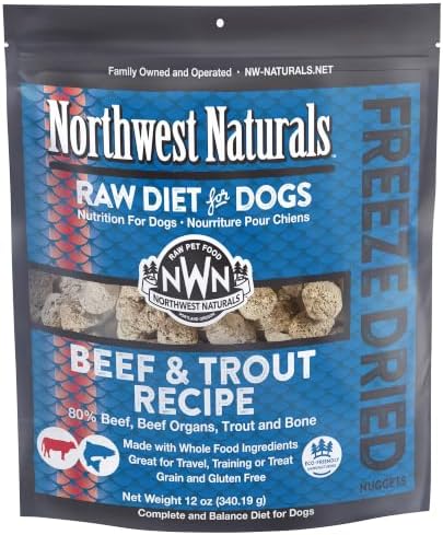 Northwest Naturals Freeze-Dried Beef & Trout Dog Food - Bite-Sized Nuggets - Grain-Free, High-Protein, Raw Diet, Human-Grade Ingredients, All Natural, Omega-3 for Skin & Coat, Made in USA, 12 Oz