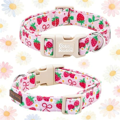 Dog Collars, Spring Red Strawberry Print Cotton Collar Pink Adjustable Light Plastic Buckle Collar with Bow Pet Collar Gift for Large Dogs